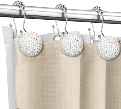 Sunlit Boho Knots Double Shower Curtain Hooks, Home Decorative White Shower Curtain Rings for Bathroom, Seaside Nautical Shower Curtain Hangers Bathroom Accessories, Set of 12