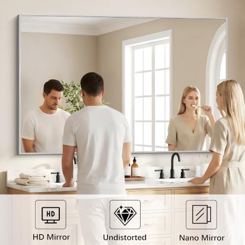 DESBING 60" x 40" Bathroom Mirror, Silver Metal Frame Wall Mirror