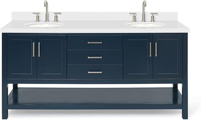 ARIEL Magnolia 72-inch Bathroom Vanity with Sink,Solid Wood, 1.5-inch Pure White Quartz Countertop & Backsplash, Double Oval Porcelain Sink, 4 Soft Closing Doors, 3 Dovetail Drawers, Midnight Blue