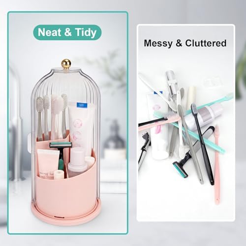 QIYVLOS Toothbrush Holders with Sliding Lid, Rotating 3 Slots Bathroom Organizer Countertop, Tooth Brush Toothpaste Holder Bathroom Counter Stand Sink Organizer Caddy for Makeup Brushes Holder (Pink)