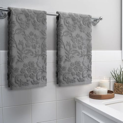 SmoothNovelty 2 Pcs Gray Floral Jacquard Hand Towels for Bathroom
