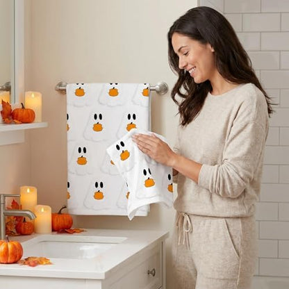 2 Pack Halloween Hand Towels 100% Cotton Jacquard Ghost and Pumpkin Halloween Kitchen Towels White Bathroom Towels Set Seasonal Bathroom Decor(Ghost and Pumpkin)