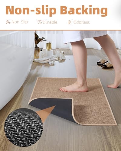 PADOOR Non-Slip Bath Mat With Rubber-Backing, Braided Absorbent Machine Washable Thin Rug, Quick Dry, Fits Under Door, for Bathroom Floor, 20''x32'' Beige