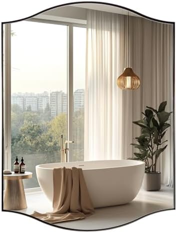 ANDY STAR 30"x40" Bronze Bathroom Mirror, Rectangle Scalloped Wall Mirror in Stainless Steel Metal Frame, Modern Brushed Bronze Finish with Curved Edge Design, Wall-Mount Mirror for Bathroom, Entryway