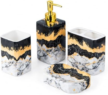 4 Piece Bathroom Accessories Set - Black and White Includes Lotion Dispenser, Toothbrush Holder Tumbler, and Soap Dish - Glossy Finish (Marble, Black, and White)