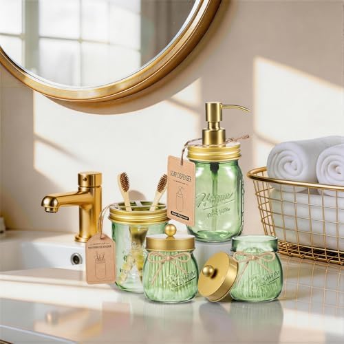 Amolliar Green Glass Bathroom Accessories Set, 4Pcs Mason Jar Bathroom Set