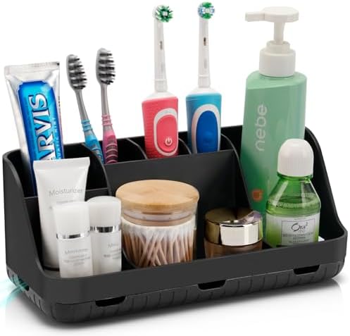 GFWARE Black Toothbrush Holder - 7 Slots Bathroom Organizer Countertop with Drainage Matte Black Electric Toothbrush and Toothpaste Holder for Bathroom Accessories Organization Vanity Sink Storage
