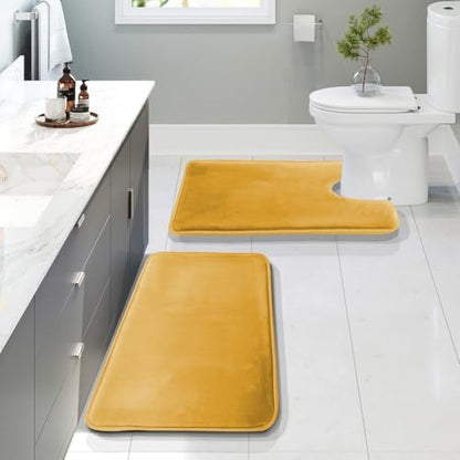 Clara Clark 2 Piece Bathroom Rugs, Velvet Memory Foam Bath Mat Set, Non-Slip Bath Rugs, Machine Wash, Dries Quickly, Ultra Soft Plush Bath Mats for Bathroom, 17 x 24 + Contour, Camel Gold