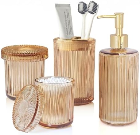 4 Pcs Brown Bathroom Accessories Set, Glass Bathroom Set, Soap Dispenser, Toothbrush Holder, Qtip Holders, Modern Bathroom Decor, Housewarming Gift Set （Amber Brown）