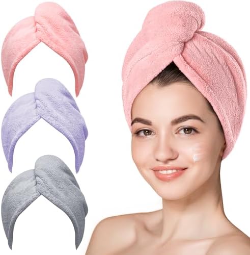 Hicober Microfiber Hair Towel Wrap for Women, Pink Purple Grey, 3-Pack