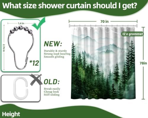 Dark Green and White Extra Long Shower Curtain, Tall 72X78 in, Forest