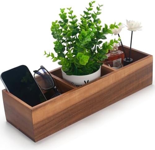 Wood Bathroom Basket, Acacia Wood Toilet Tank Basket, Wooden Storage Box with 3 Compartments for Bathroom Organizer (14.6 x 4.7 x 3.1 inch)
