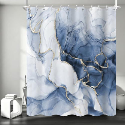 Blue Marble Shower Curtain Modern Abstract Luxury Gold Ink Texture Gray Ombre Watercolor Bathroom Curtain Set with Hooks Soft and Lightweight Waterproof Fabric Machine Washable 66" WX72 L