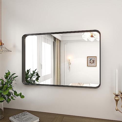 VooBang Bathroom Mirror 24x36 inch, Black Gorgeous Deep Frame Wall Mirror, Modern Round Corner Bathroom Vanity Mirror for Bedroom, Living Room, Hanging or Leaning Horizontal or Vertical, Black
