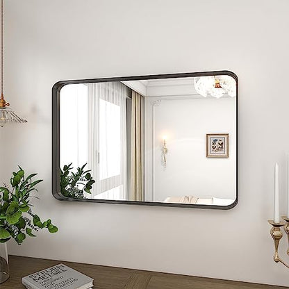 VooBang Bathroom Mirror 24x36 inch, Black Gorgeous Deep Frame Wall Mirror, Modern Round Corner Bathroom Vanity Mirror for Bedroom, Living Room, Hanging or Leaning Horizontal or Vertical, Black