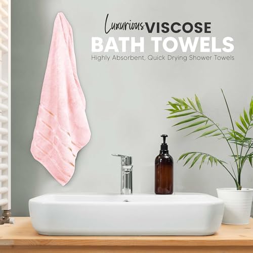 Luxury Bath Towels Set of 4-27x54 Inches 600GSM 100% Cotton Ring Spun - Daily Use Highly Absorbent Viscose Stripe Bath Towel Sets for Bathroom, Hotel, Spa (Light Pink)