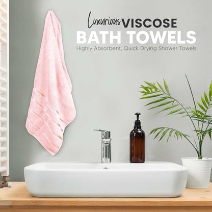Luxury Bath Towels Set of 4-27x54 Inches 600GSM 100% Cotton Ring Spun - Daily Use Highly Absorbent Viscose Stripe Bath Towel Sets for Bathroom, Hotel, Spa (Light Pink)