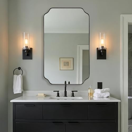 MIRRORART Black Scalloped Mirror 24x40'', Transional Rounded Notched Corner Bathroom Rectangle Vanity Mirror in 1’’ Seamless Stainless Steel Metal Frame Wall-Mounted Vertical/Horizontal, HD Mirror