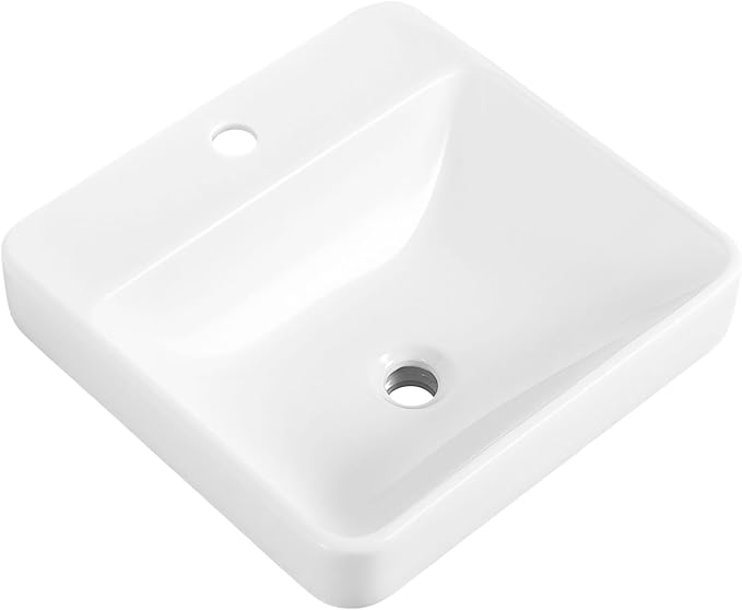 Vessel Sink 18"x18" Semi Recessed Bathroom Sink Drop-in White Bathroom Sink Porcelain Ceramic Modern Rectangular Sinks Drop-in Vanity Sinks with Overflow for Bathrooms