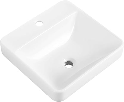 Vessel Sink 18"x18" Semi Recessed Bathroom Sink Drop-in White Bathroom Sink Porcelain Ceramic Modern Rectangular Sinks Drop-in Vanity Sinks with Overflow for Bathrooms