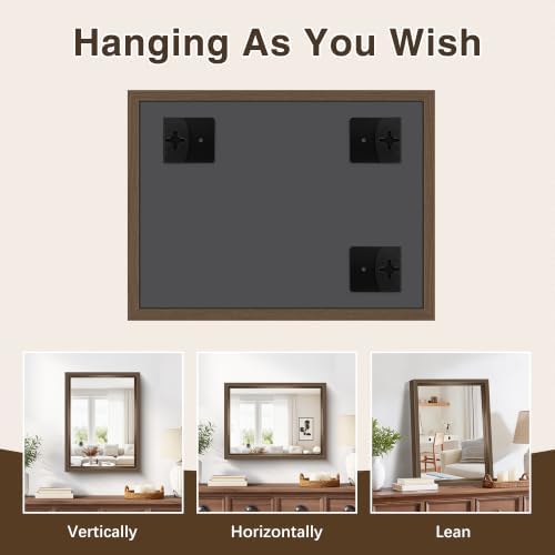 Bathroom Mirror, 18 x 24 inch Walnut Wood Grain Colored Aluminum Metal Frame Bathroom Vanity Mirror, Rectangle Wall Mirror for Bedroom Living Room, Tempered Glass, Horizontal or Vertical