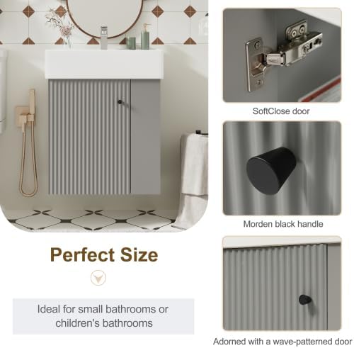 BNSPLY 22 Inch Floating Bathroom Vanity with Sink, Wall Mounted Bathroom Vanity Cabinet with Ceramic Sink, Modern Single Basin Vanities, Small Restroom Basin Cabinet with Right Side Storage, Gray