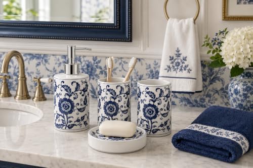 4 Piece Blue and White Ceramic Bathroom Accessories Set, Chinoiserie Floral Soap Dispenser, 2 Toothbrush Holders/Tumblers and Soap Dish, Porcelain Style Bath Countertop Decor