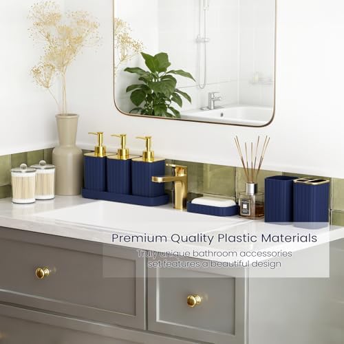 Bathroom Set - Bathroom Accessory Set, Navy Blue Bathroom Set, 26PC Bathroom Sets with Shower Curtain and Rugs, Toilet Brush, Trash Can, Qtip Holder & Bathroom Soap Dispenser Set