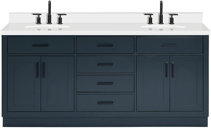ARIEL Hepburn 72-inch Bathroom Vanity with Sink,Solid Wood, 1.5-inch Pure White Quartz Countertop & Backsplash, Double Oval Porcelain Sink, 4 Soft Closing Doors, 6 Dovetail Drawers, Midnight Blue