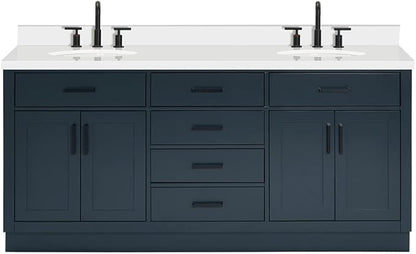 ARIEL Hepburn 72-inch Bathroom Vanity with Sink,Solid Wood, 1.5-inch Pure White Quartz Countertop & Backsplash, Double Oval Porcelain Sink, 4 Soft Closing Doors, 6 Dovetail Drawers, Midnight Blue