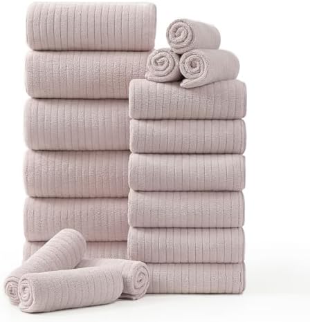 18 Piece Family Bath Towel Set Include 6 Bath Towels,6 Hand Towels and 6 Washcloths Soft Bathroom Towel with Hanging Loops,Highly Absorbent Quick Dry Towels Set for Bathroom,Hotel and Spa-Light Purple
