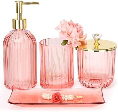 Haturi Bathroom Accessories Set, 4 Pcs Pink Glass Bathroom Accessories Sets Complete w/Lotion Soap Dispenser, Toothbrush Holder, Apothecary Jar, Vanity Tray, Bathroom Decor, Gift for Home Apartment