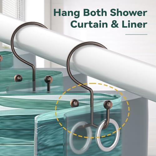 Goowin Shower Curtain Hooks, 12 Pcs Shower Curtain Rings, Durable Shower Curtain Rings Rust Proof, Double Glide Shower Rings for Curtain, Simple Shower Hooks for Shower Curtain & Liner, Bronze
