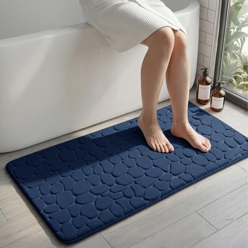 YIHOUSE Memory Foam Runner Rug, Cobblestone Bathroom Runner Rugs Super Water Absorbent Bath Mats for Bathroom Machine Washable Bath Rugs for Hallway Bedroom Laundry Room(20 x 47,Dark Blue)