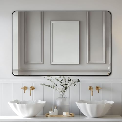 Antok 60x30 Black Metal Framed Bathroom Mirror, Wall Mirror with Round Corners, Vanity Mirror for Over Sink, Anti-Rust Tempered Glass, Horizontal/Vertical Hanging for Bathroom, Living Room, Entryway
