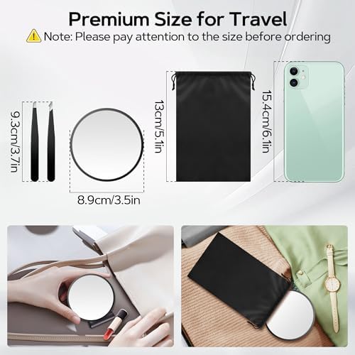MIYADIVA Magnifying Mirror 40X/30X/20X, 3.5 Inch Round Compact Mirror with Suction Cup, 2Ps Stainless Steel Tweezers, Perfect for Makeup, Eyebrows, Beards, Travel