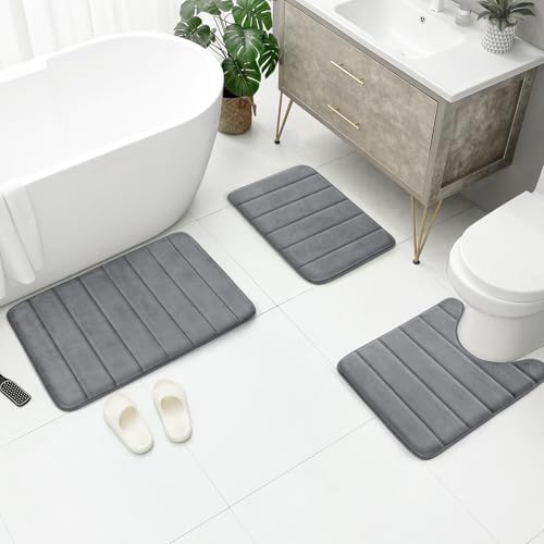 BYSURE Dark Grey Memory Foam Bathroom Rug Set 3 Piece