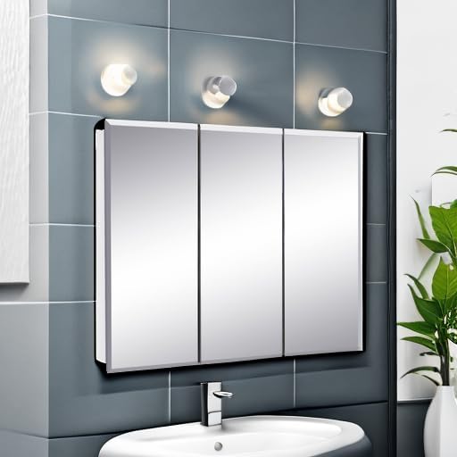 36 Inch Cyprus Bathroom Medicine Cabinet, Durable Pre-Assembled Wall Mounted Cabinet w/Frameless Mirrored Doors, White – Design House, 597500