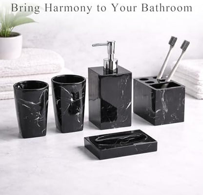 5 Piece Bathroom Accessories Set, Marble Resin Bathroom Vanity Set, Soap Dispenser, Toothbrush Holder, Soap Dish & 2 Tumblers, Bathroom Countertop Organizer Set (Ink Black)