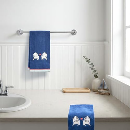 Ritz 2-Piece Cotton Velour Bathroom Hand Towel Set, Embroidered Adirondack Chair Design, Navy Blue Decorative Towels for Lake House, Cottage, or Cabin Decor, 16” x 26”