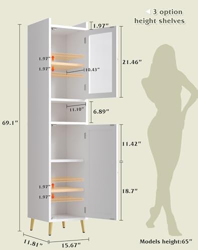 Homkdom 69.1" Tall Bathroom Cabinet, 6 Shelves and 2 Doors, White