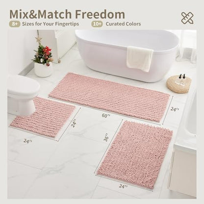 Bathroom Rugs Non Slip Washable 70x24, Extra Thick Soft Chenille Absorbent Bath Mat, High Density Barrier Non Slip Backing, Quick Dry Plush Shaggy Floor Carpet for Tub&Shower, Pink