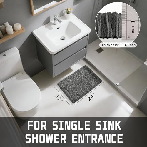 Yimobra Bathroom Rugs Non Slip Washable, Ultra Soft and Water Absorbent Bath Mats, Plush Fluffy Shower Mat Outside, Microfiber Thick Matts for Bathroom Floor/Sink, 24X17, Light Gray and Black Gray
