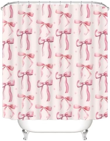 AZHM 4pcs Polka-Dot Bow Bathroom Shower Curtain Set with Rugs and Hooks