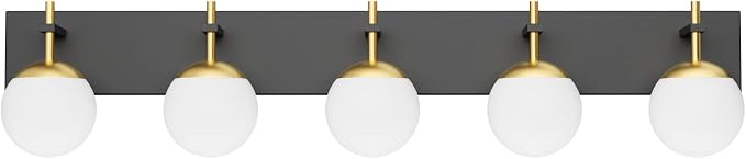 Ralbay Mid Century Modern Vanity Lights - 5-Light Milky Glass Globe Modern Bathroom Vanity Lights Over Long Mirror, Black/Golden Bathroom Wall Light Fixture