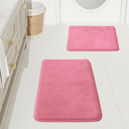 HUXMEYSON Bathroom Rugs Sets 2 Piece, Non-Slip & Quick Dry Bath Mat Set, Ultra Soft Velvet Bath Rugs for Bathroom, Toilet and Shower Floor, Pink