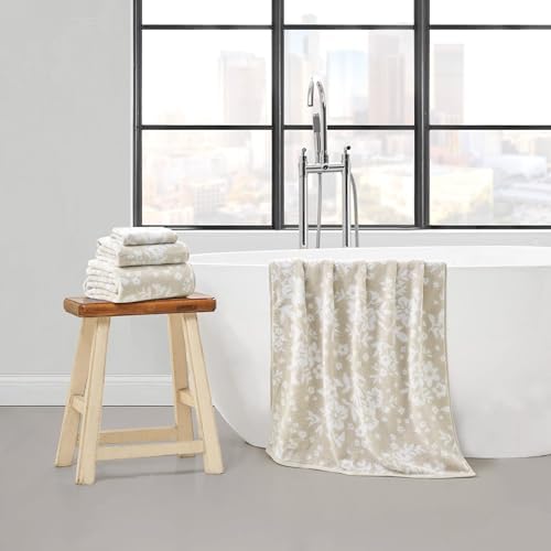 Lucky Brand Folk Floral 6 Piece Bath Towel Set - (2) Bath Towels, (2) Hand Towels, and (2) Washcloths - Beige Taupe Premium Bathroom Towel Set