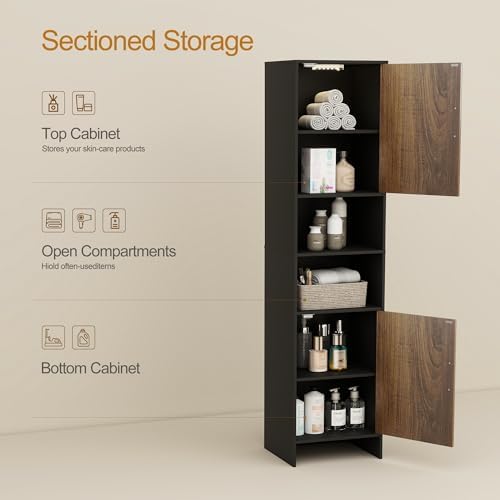 Bathroom Storage Cabinet, Tall Narrow Storage Cabinet with USB Light, Black