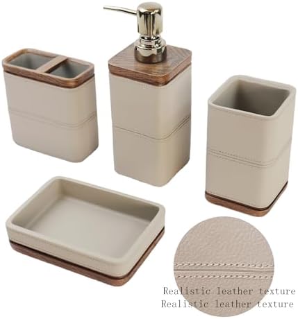 Hymmah Leather Pattern Design Bathroom Accessories Set,Farmhouse Bathroom Decor,4 Pcs Resin Gift Set Apartment Necessities, Contain Cotton Swab Jar,Soap Dispenser,Tumbler，Soap Dish/Tray