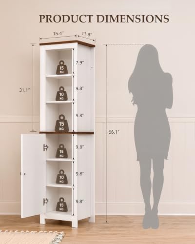 66'' Tall Bathroom Storage Cabinet, Modern Farmhouse Storage Cabinets with Adjustable Shelves & Anti-Tip Design Floor Narrow Cabinet for Bathroom, Living Room, Entryway, Kitchen